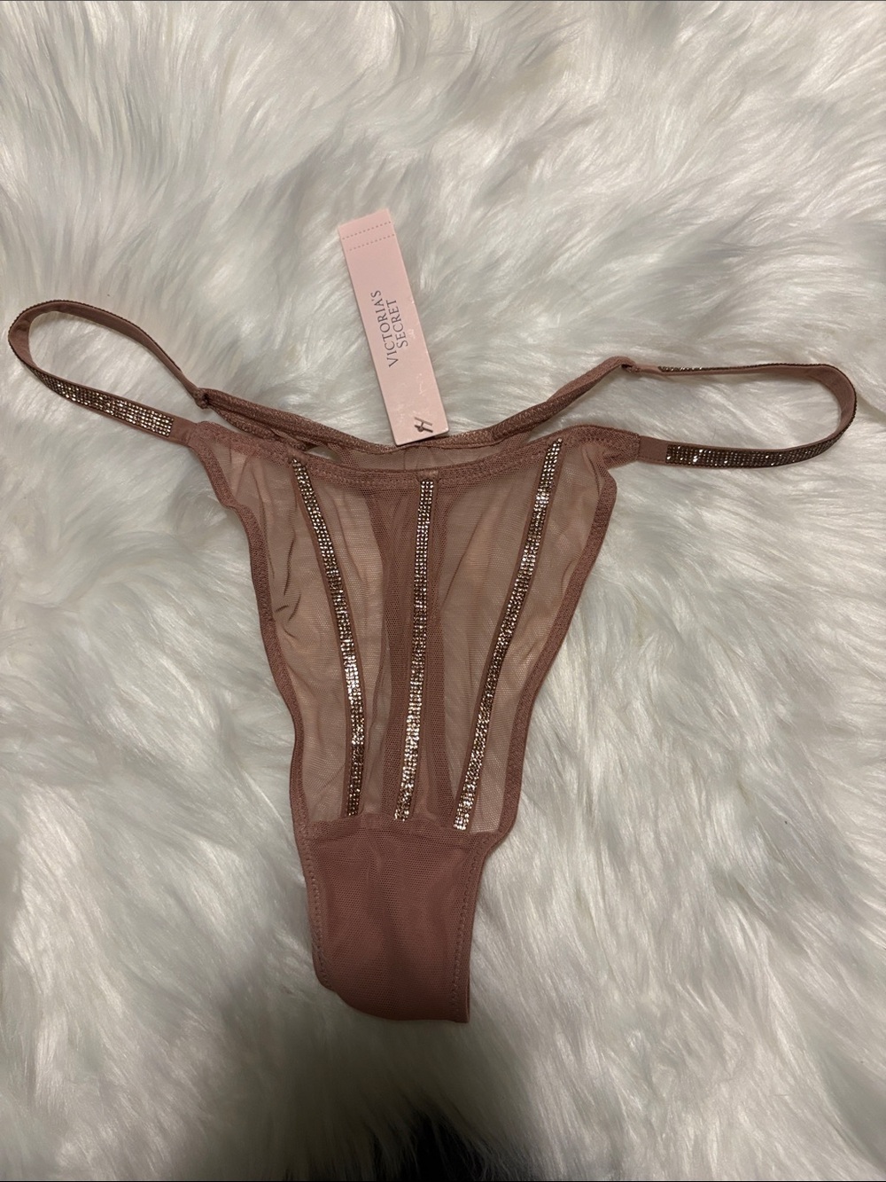 NWT Victoria's Secret very sexy Rose Brown Mesh Thong Rhinestones shine strap L